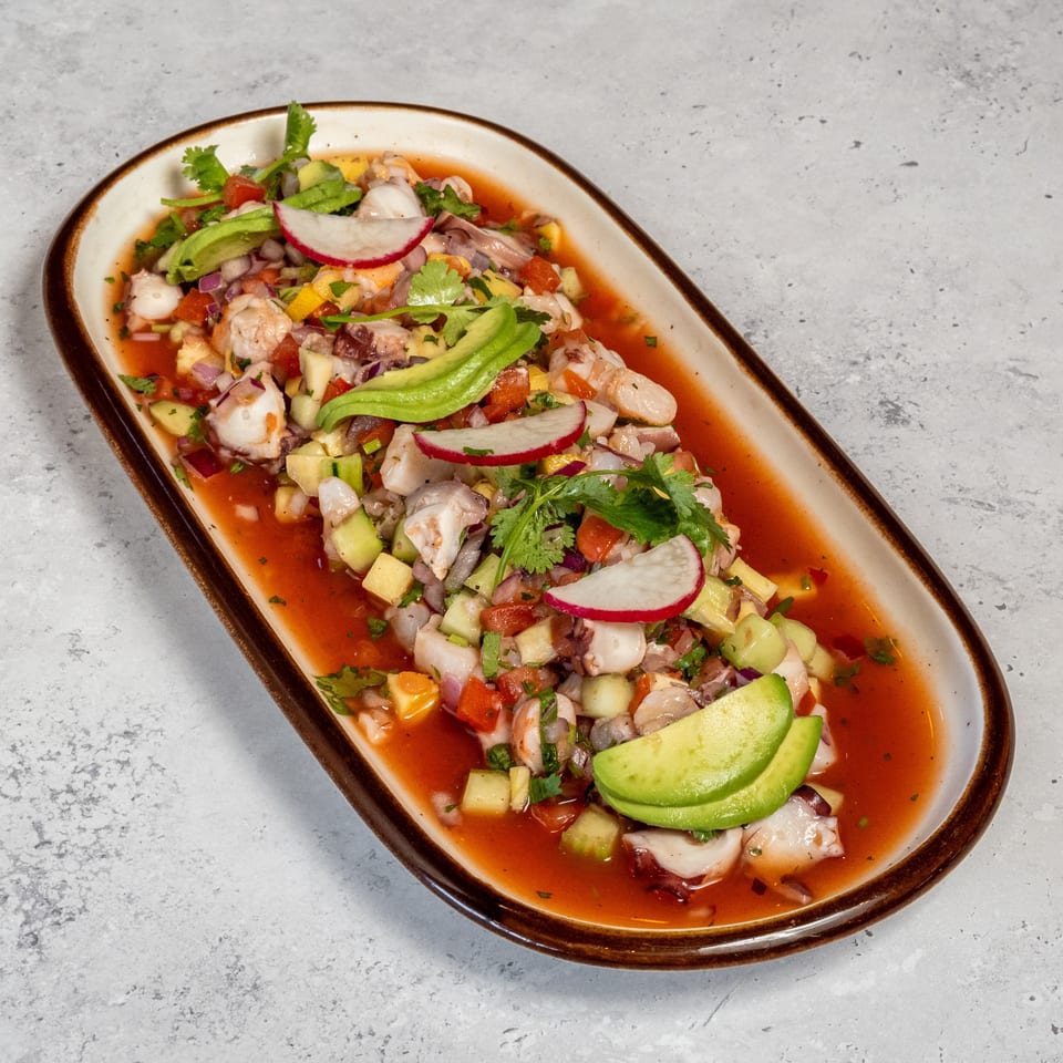 Seafood ceviche with octopus, shrimp, diced vegetables, avocado, radishes, and cilantro in red citrus marinade.